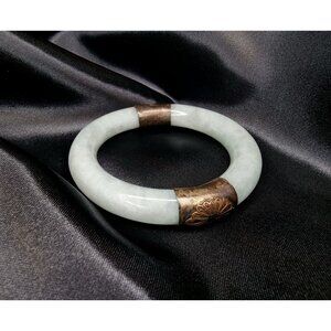 Vintage Asian Genuine Jade Bangle Bracelet With Bronze Accents